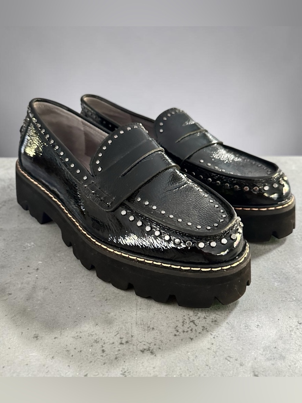 Donald Pliner “Massy” Black Patent Leather Studded Lug Sole Penny Loafers
